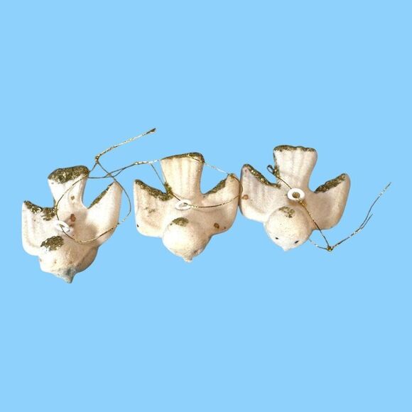 Set Of 3 Vintage White Dove Bird Christmas Ornaments With Glitter Accents SEE - Picture 2 of 3